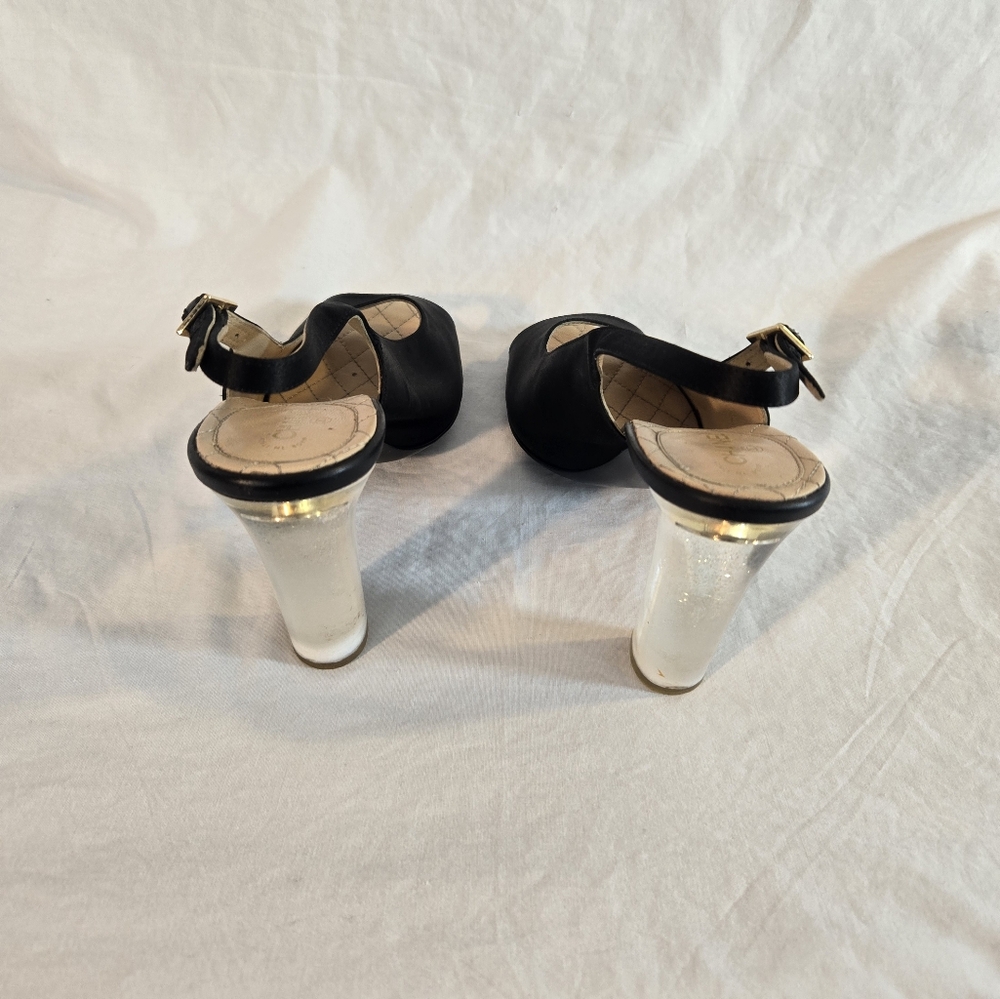 Chanel Women's Size 41 Black 2015 Runway Black Satin Lucite Heel Peep Toe Pumps - Picture 8 of 12
